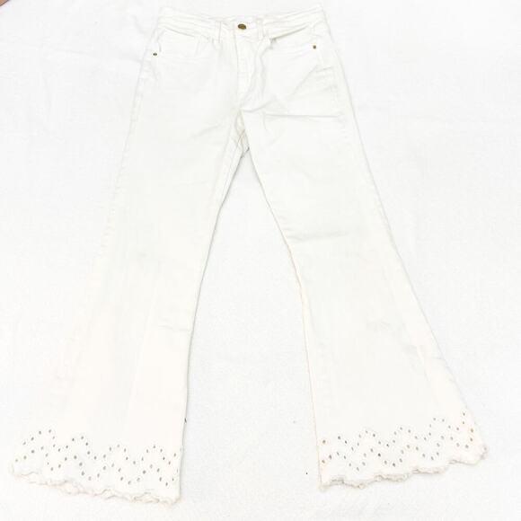 Frame Le High Flare Eyelet Hem Lace Trimmed White Jeans Denim 26 Waist* - Picture 2 of 7